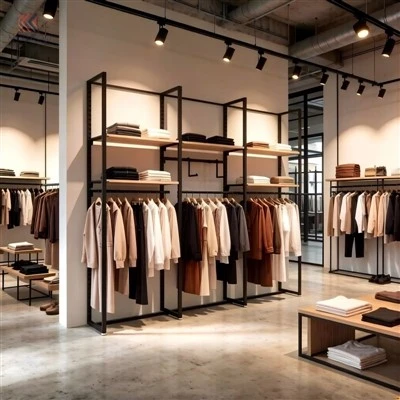 Présentoir de vêtements minimaliste moderne, tuyau en acier noir, multifonctionnel, support d'îlot central, ameublement de magasin de vêtements haut de gamme