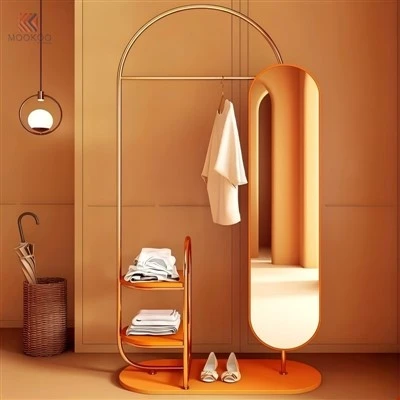 MOOKOO Présentoir à vêtements avec miroir ovale doré avec étagères latérales, organisateur de vêtements autoportant en métal pour les magasins de détail