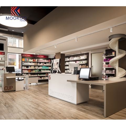 Vitrine de magasin de pharmacie en bois et métallique